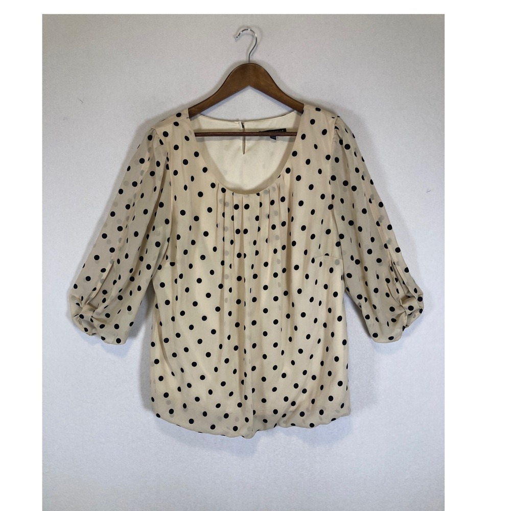 Retro Chic Sara‎ Michelle Women 1X Cream Black Polka Dot Sheer Sleeve Blouse